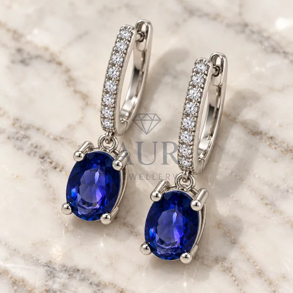 Oval Safir ve Pırlanta Küpe
